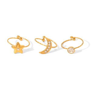3-piece set of 18k gold-plated stainless steel rings with star, moon and crystal charms
