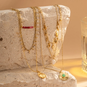 Bohemian Multi Layer Pendant Necklace Gold Plated Stainless Steel Sunburst Coin Shell Malachite Red Beads Jewelry For Women