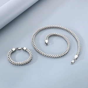 Detail of silver stainless steel keeled chain necklace and bracelet set with lobster clasps