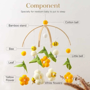 Detailed view of baby mobile components including bamboo stand, felt bees, and cotton balls