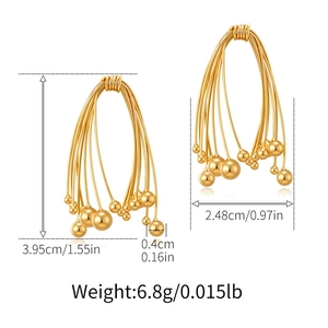 Detail showing dimensions of gold minimalist linear earrings with metallic beads