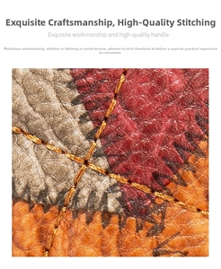 Macro detail of plaid leather backpack with orange stitching and lychee grain texture