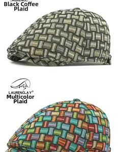 Detail of tweed newsboy caps showing checkered patterns in black coffee and colorful mix