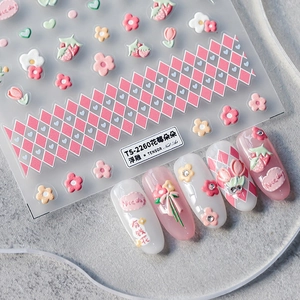 Autocollants Ongles 5D Relief 3D Fleur Fraise Décalcomanies Auto Adhésives Tulipe Douce Cœur Carreaux Décor Manucure
