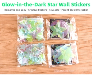 Detailed view of luminous moon and star wall stickers in transparent packaging