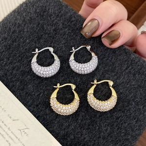 Minimalist Round Cubic Zirconia C Shaped Hoop Earrings For Women Copper Paved Shiny Trendy Jewelry