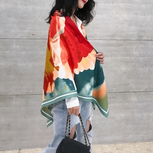 Artistic hand-painted floral silk scarf shawl for women with elegant abstract oil painting design