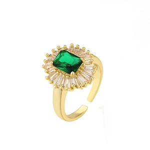 Elegant 18K gold plated adjustable ring with emerald crystal and baguette zircon halo