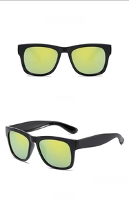 Front and side view of kids square sunglasses with black frames and gold mirror lenses