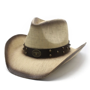 Western Cowboy Straw Hat Vintage Paper Straw Wide Brim Sun Hat With Leather Band Bull Head Metal Rivets For Outdoor Summer Travel