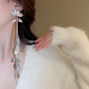 Détail de boucles d'oreilles pendantes feuilles argentées sur mannequin avec éclat