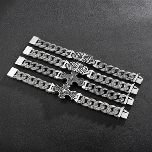 Vintage Gothic silver cross bracelets for men with ornate floral engraving and secure clasp