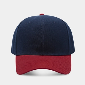 Detailed front view of navy and wine red two-tone cotton baseball cap with six-panel design