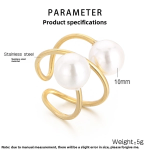 Detail view of golden stainless steel open ring with 10mm pearl beads and 5g weight data