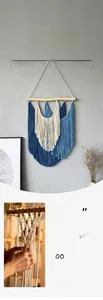 Détail d'une tapisserie tissée en forme de feuille avec corde en coton bleu et beige