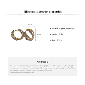 Detail view of 2cm gold-plated hoop earrings with purple rhinestones and product specs