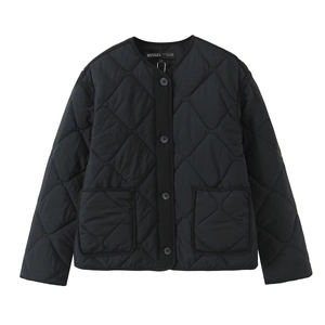 Women's black quilted round neck jacket with button front and chest pockets