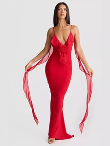 Robe de soirée sirène rouge élégante avec fleurs 3D et rubans en tulle vaporeux pour femme