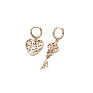 Vintage rose gold asymmetrical heart and key earrings with sparkling zircon accents