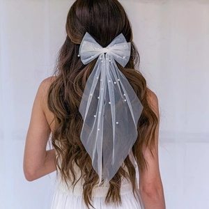 Bridal Mesh Veil Hair Clip With Artificial Pearl Bowknot Elegant Retro Wedding Headpiece For Women Bridesmaid