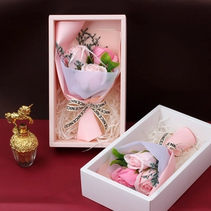 Pink soap rose flower bouquet in a gift box with a ribbon for Mother's Day gifts
