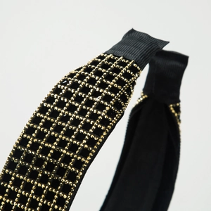 Fashionable black velvet padded headband with sparkling gold square rhinestones decoration