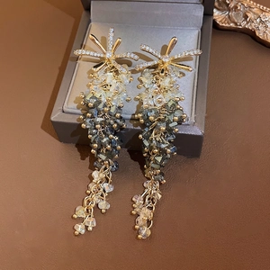 Elegant long tassel earrings with gradient crystal beads and sparkling zircon flowers