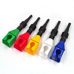 Five colorful plastic car funnels with flexible extension nozzles on white background