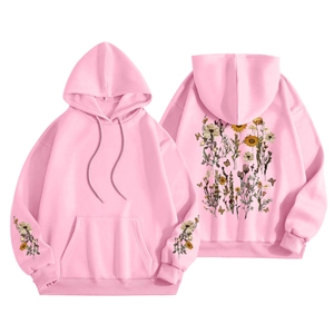 Vista fronte e retro della felpa rosa con cappuccio, stampe floreali e tasca a marsupio