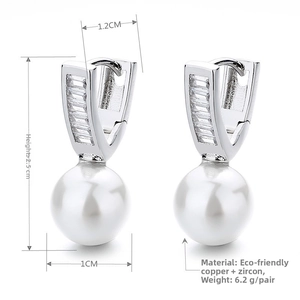 Detail of silver pearl drop earrings with rectangular zircon inlay and size dimensions