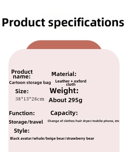 Size chart showing large capacity cartoon travel bag in 38x13x28cm with leather details
