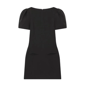 Chic black slim fit mini dress with puff sleeves and decorative pockets on a white background