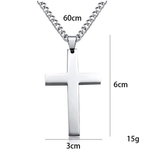 Polished silver stainless steel cross necklace with a 60cm chain and 6cm pendant