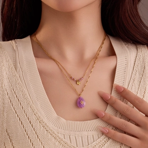 Double Layer Stainless Steel Necklace Purple Natural Stone Water Drop Pendant Octagram Star Heart Charm Vintage Gold Jewelry