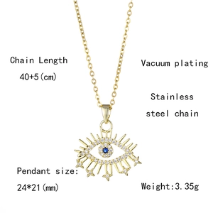 Detailed specs of the gold evil eye necklace with zircon stones and star elements
