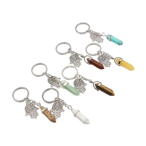 Hamsa Hand keychain set with hexagonal natural crystal pillars in various colors