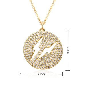 Detail showing a 23mm round gold-plated Celtic knot pendant with zircon lightning bolt