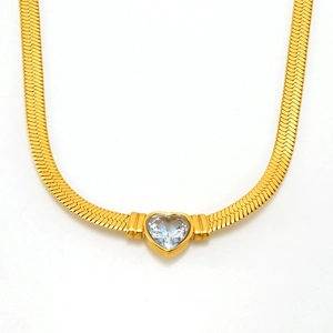 Elegant gold-plated heart zircon pendant with flat snake blade chain for women