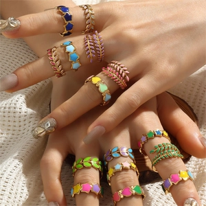 Colorful Enamel Star Heart Leaf Open Rings 18K Gold Plated Stainless Steel Adjustable Fashion Dopamine Jewelry For Women