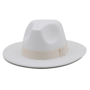 Detailed view of white wool fedora hat with elegant light beige ribbon decoration