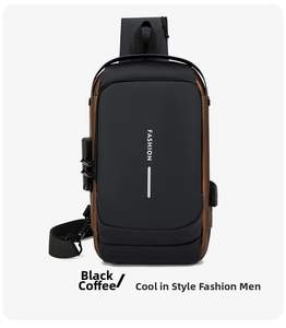 Detail view of anti-theft combination lock and USB charging port on cross-body chest bag
