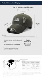 Detailed size chart for distressed denim baseball cap with 56-60cm head circumference guide