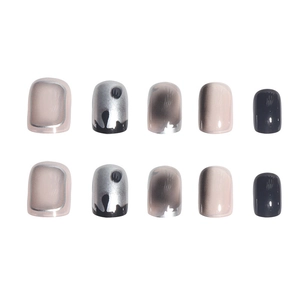 Dark style pink and grey gradient square press-on nails with silver glitter graffiti accents