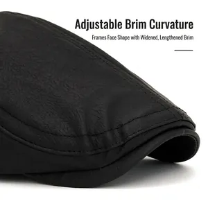 Béret rétro en cuir noir pour homme avec visière large pliable et texture grainée