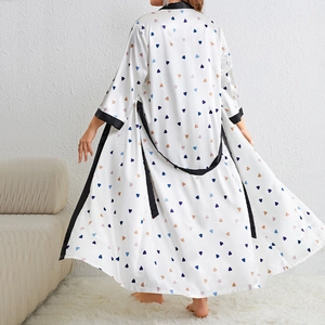 Elegant white silk robe with colorful heart print and black satin trim, back view fit