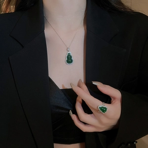 Vintage Chinese style zircon gourd necklace and drop ring set with green resin stones