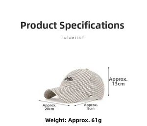 Detailed size parameters of plaid baseball cap with embroidered lettering on white background