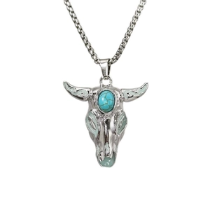 Men's vintage stainless steel bull skull necklace with luminous turquoise pendant
