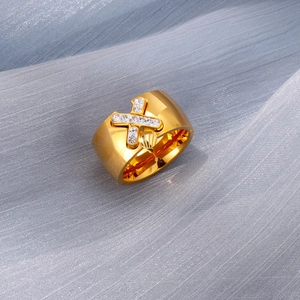 Gold X-shaped wide band ring with sparkling white cubic zirconia pave setting