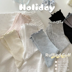 Women Mid Calf Socks Cotton Hollow Out Breathable Ruffled Lolita Style Sweet Ribbed Solid Color Summer Hosiery